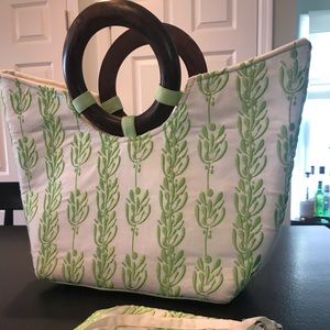 Cotton green and white bag with matching wristlet